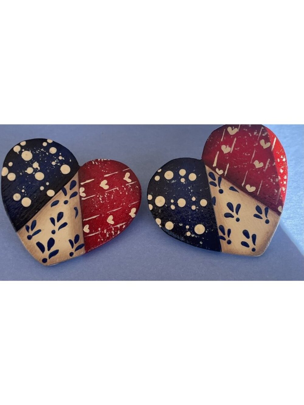 Heart Shape Patriot Flag Hand Painted Post Wood Earrings: July 4, Memorial, VDAY